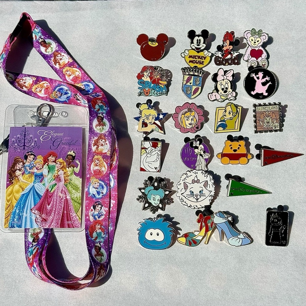 Disney Random Pin Lot Of 23 Pins. Various Sets &Years+Lanyard~Hidden Mickey+More